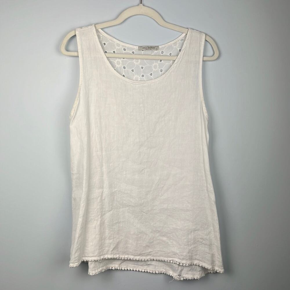Viola Borghi sleeveless white linen eyelet crochet summer blouse size large